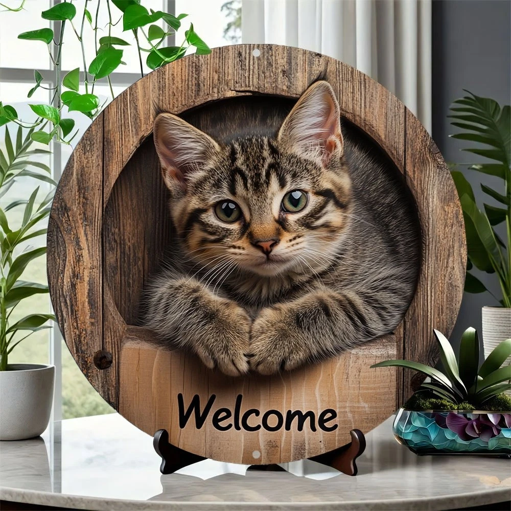 Letrero Circular Vintage de 8 Pulgadas con Diseño de Animal, Decoración para el Hogar, Gato, Árbol, Artículo Decorativo, Fondo para Pared de Entusiastas de los Gatos Maine Coon