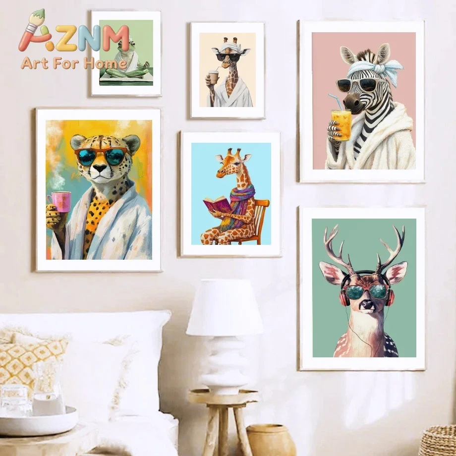 1pc frameless canvas Playful Fashion Colourful Animals  Coffee Book Guitar Tiger Leopard Fox Funny Poster Bedroom Bathroom De