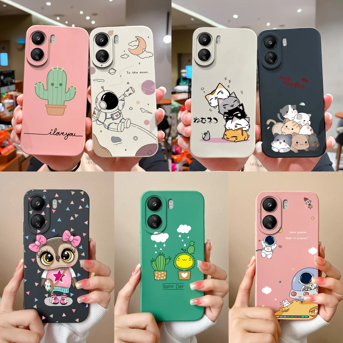 For Redmi 13C 4G Cases Cute Cactus Astronaut Liquid Soft Silicone Drop-Resistant Shockproof Durable For Xiaomi Redmi 13 C Bumper