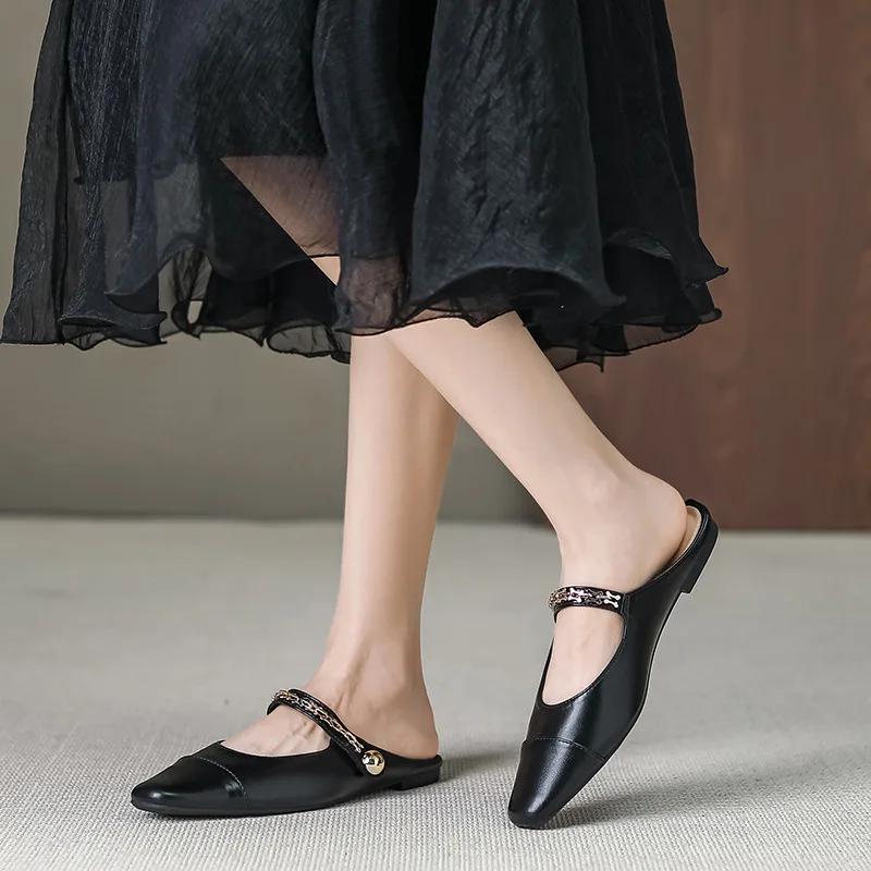 

2025 Hot Seller Mules for Women Square Toe Buckle Flats Comfortable Slip on Shoes Leather Backless Loafer Lady Work Dress Slide