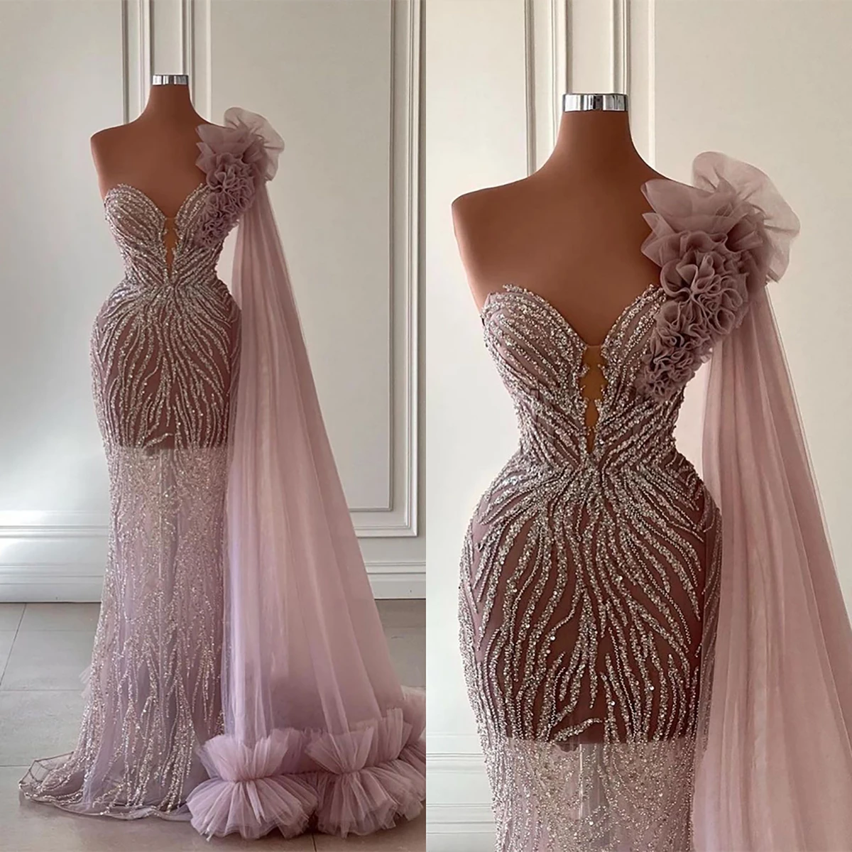 Robe de bal rose sans manches, col en V, sans bretelles, Cape en paillettes, ajouré, longueur de balayage en dentelle 3D, grande taille, robes de soirée