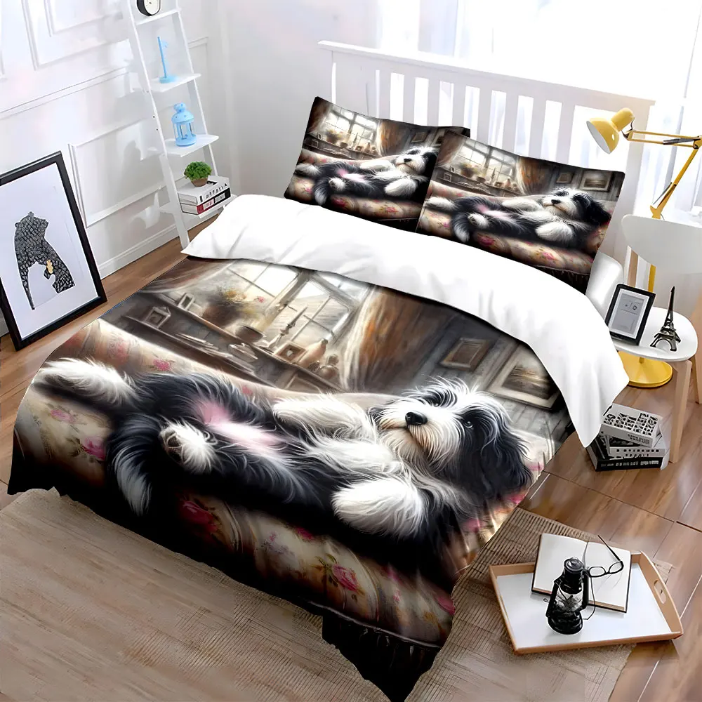Lazy dog lounging on floral couch Print Bedding Set 1 Duvet Cover 2 Pillowcases for Adult and Children Luxury Gift Full Size