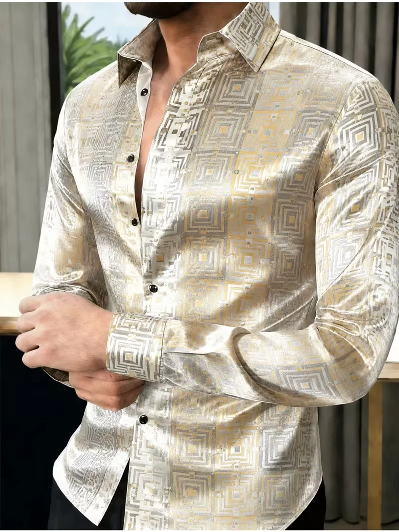 New men's abstract splashed ink twill long sleeved shirt with black and white polka dot graffiti lines men's lapel top