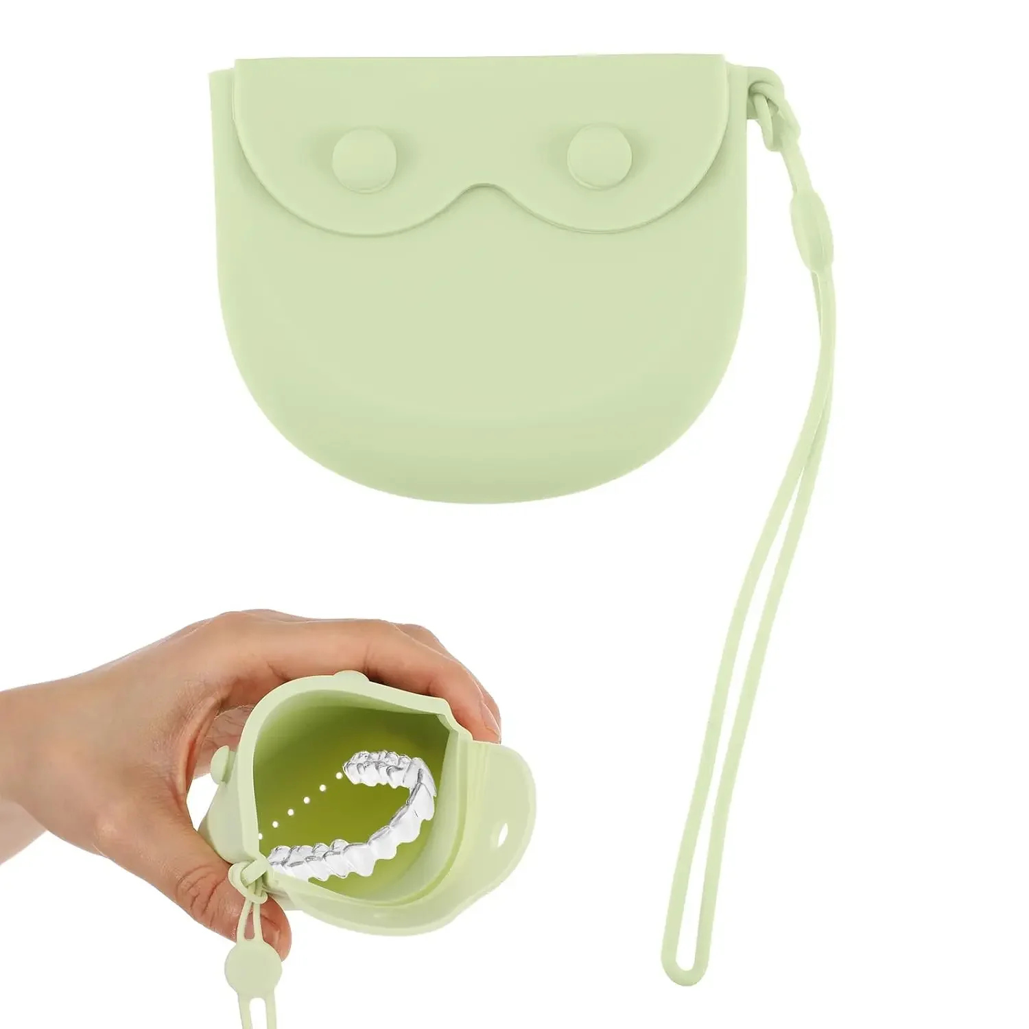 

Silicone Retainer Case with Lid and Lanyard, Ventilated Slim Mouth Guard Holder for Travel (Green)