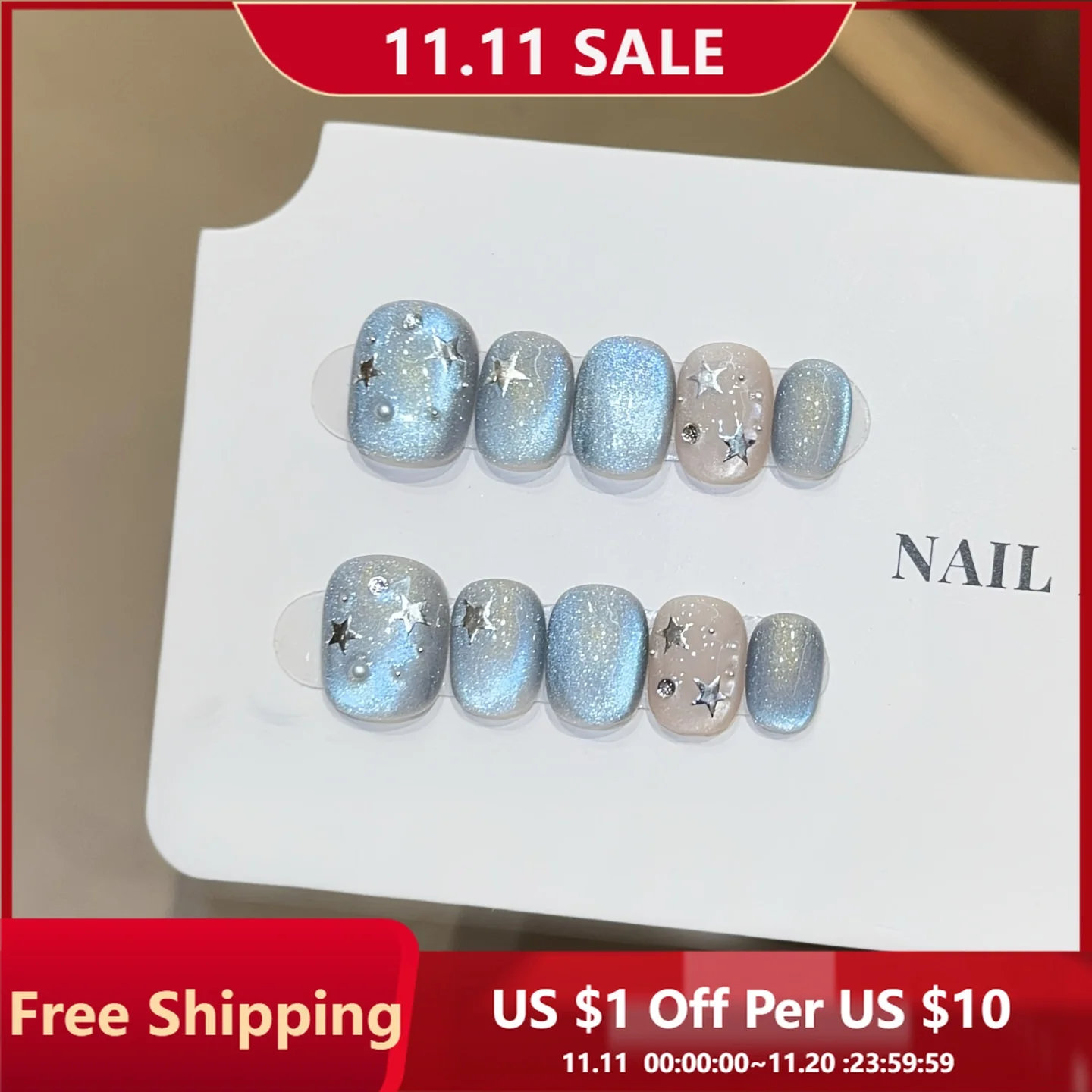 

10pcs Handmade Press on Nails Blue Star Cat Eye Full Coverage Nail Pieces for Women&Girls Short Detachable Wearable Fake Nail