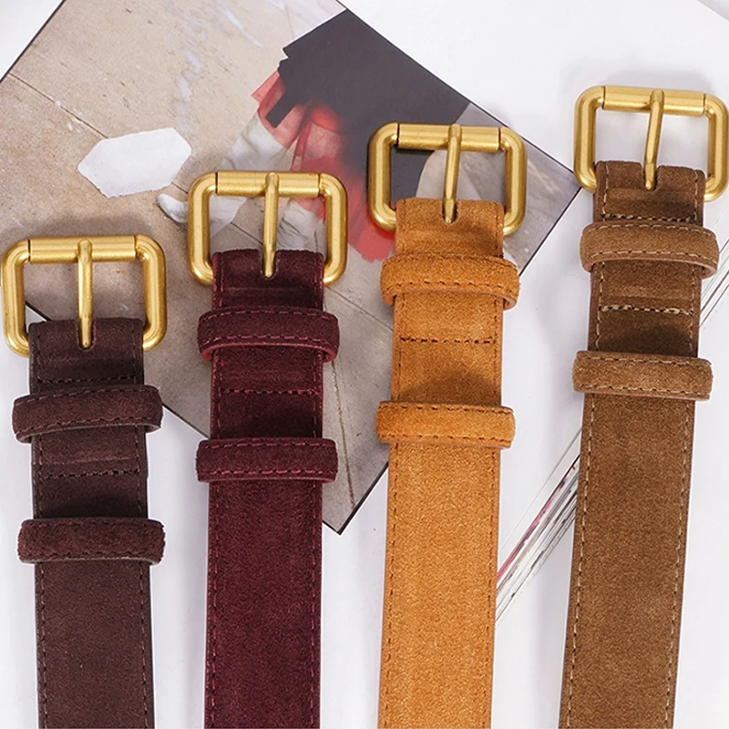 2024 new cowhide suede women's belt genuine leather high-grade pin buckle suitable for jeans coat adjustment light luxury design