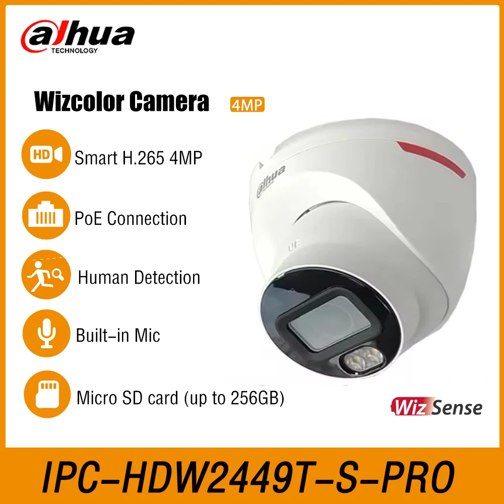 Dahua IPC-HDW2449T-S-PRO 4MP Starlight Smart WizColor Eyeball WizSense Network Security Protection Camera Built-in Mic SMD Plus