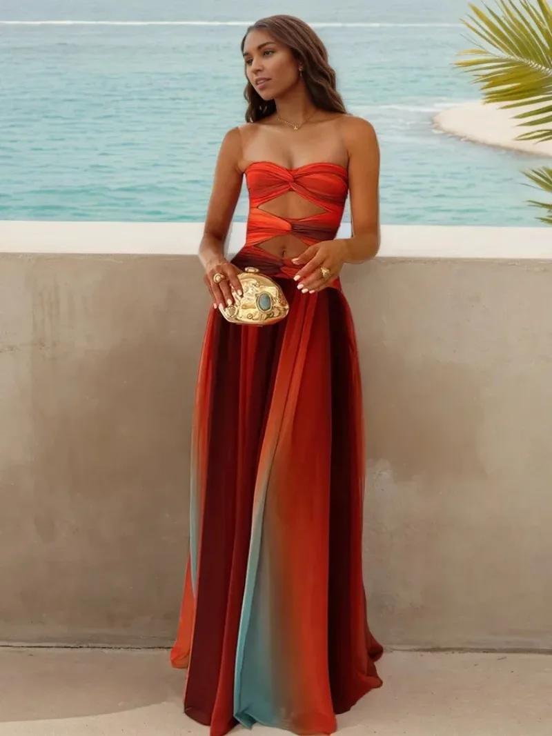 Vestido de fiesta en la playa con estampado Tie-dye, Vestido plisado de cintura alta con estampado de colisión de Color para mujer, Sexy, con recortes en el pecho, sin tirantes y espalda descubierta