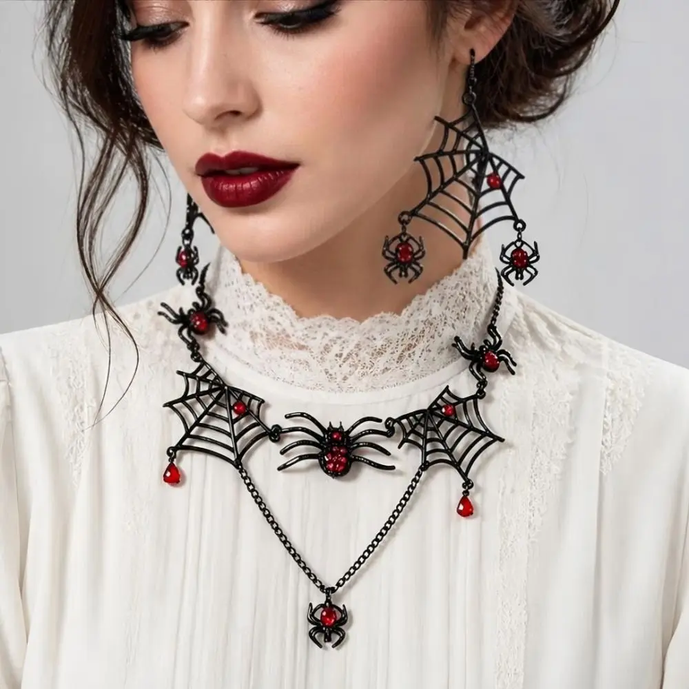 Vintage Rhinestone Halloween Spider Black-Toned Ornate Gothic Jewelry Set Eye-Catching Zinc Alloy Earring Set Cosplay