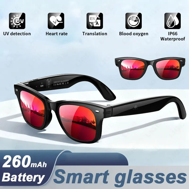 

LIGE AI Translation Smart Glasses UV Protection Monitor Temperature Health Monitor Voice Assistant BT Call Men Women Sunglasses