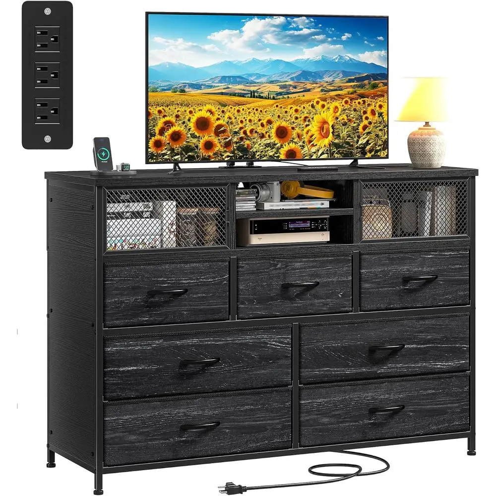 

50 TV Stand with Charging Station, Sturdy Dryer Rack, 7-Drawer Storage Cabinet with Mesh Door, Chest of Drawers for Living Space