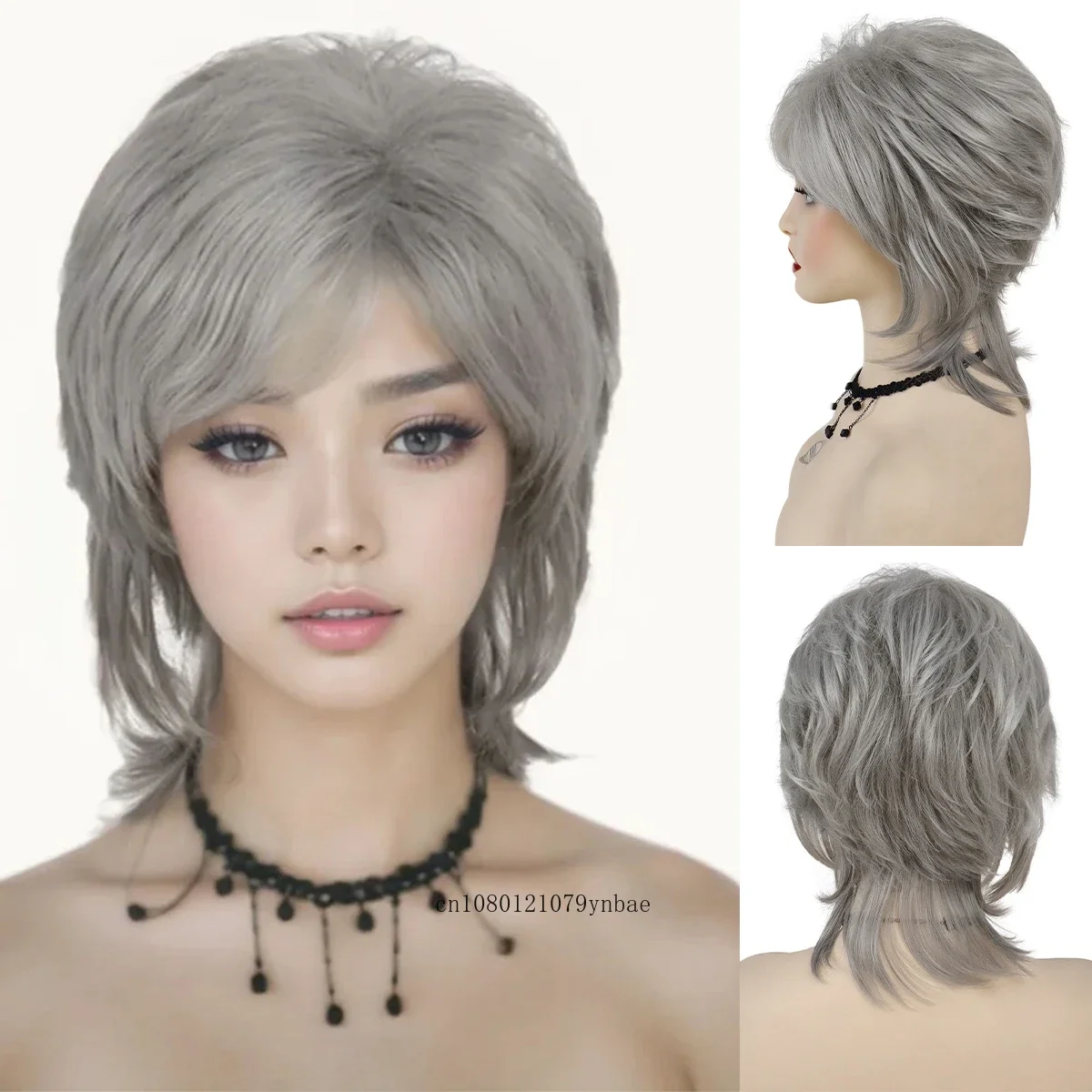 Grandma Grey Mullet Wigs for Women Synthetic Short Curly Wig with Bangs Daily Cosplay Costume Party Heat Resistant Older Wig