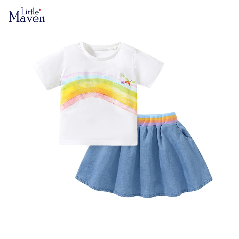 

Комплекты для маленьких девочек Little maven 2024, летняя детская одежда, спортивный костюм, комплекты детской одежды, топ с радужным рисунком и юбка из хлопка