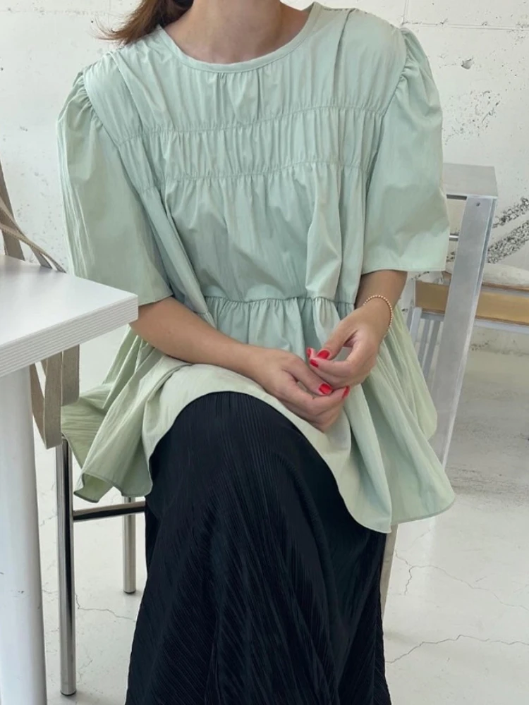 Coreano Sle Bubble Sve irt Donna Sciolto Pieghettato Bambola Estate 2024 Faionable Unico Top rotondo Ne ort Sve Colore Puro