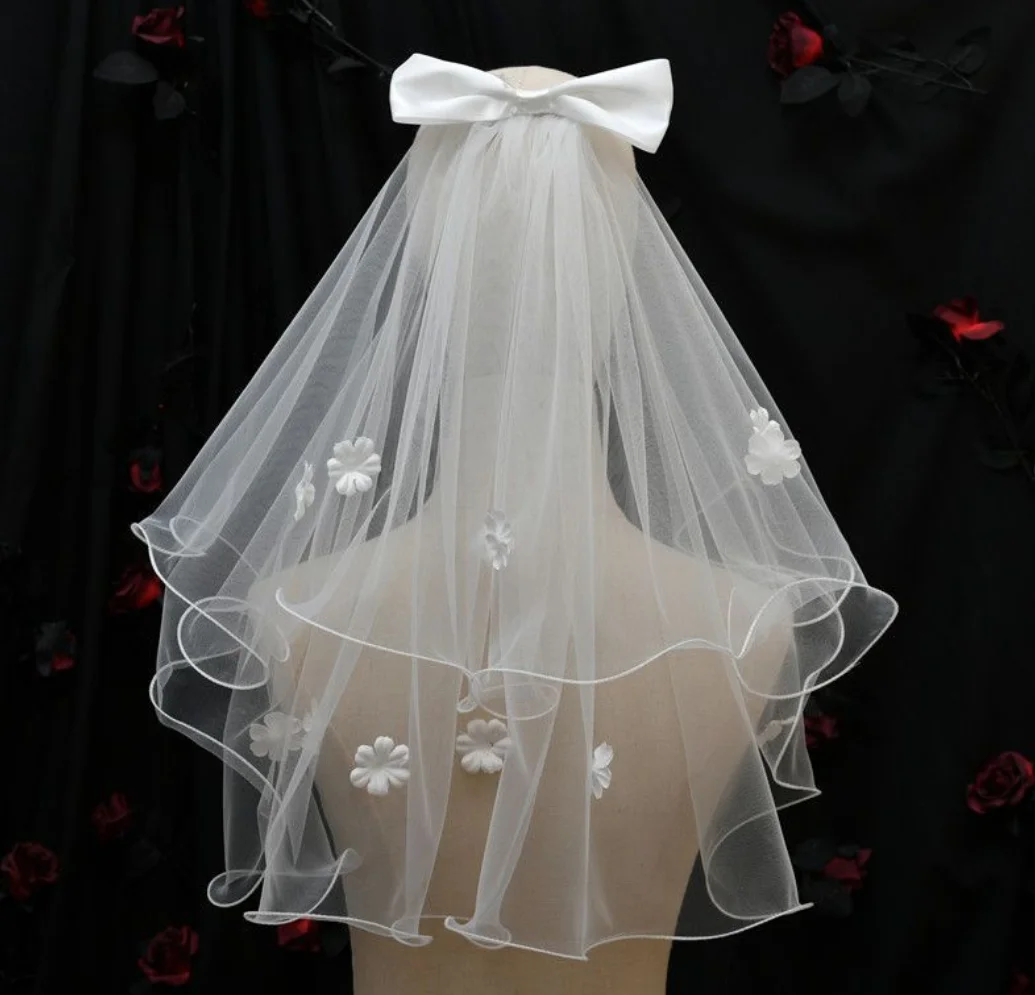 Elegant Wedding Veils For Bride 2 Tier Ribbon Tulle Pearls Bow Short Bridal Veils Headdress Bride To Be Veil With Clip