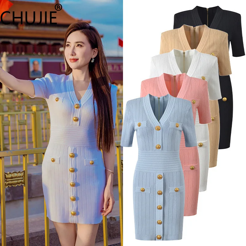 

CHUJIE French Luxury V-Neck Dress Slim Fit Metal Buckle Detail Bodycon Mini Cocktail Party Dress SS25 with Lining