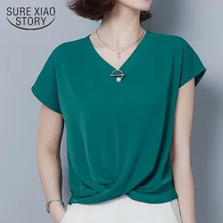 Spring Summer New Elegant Irregular Chiffon Shirts Women Loose Bat Short Sleeve V-neck Office Lady Solid Summer Tops Blusas 9051