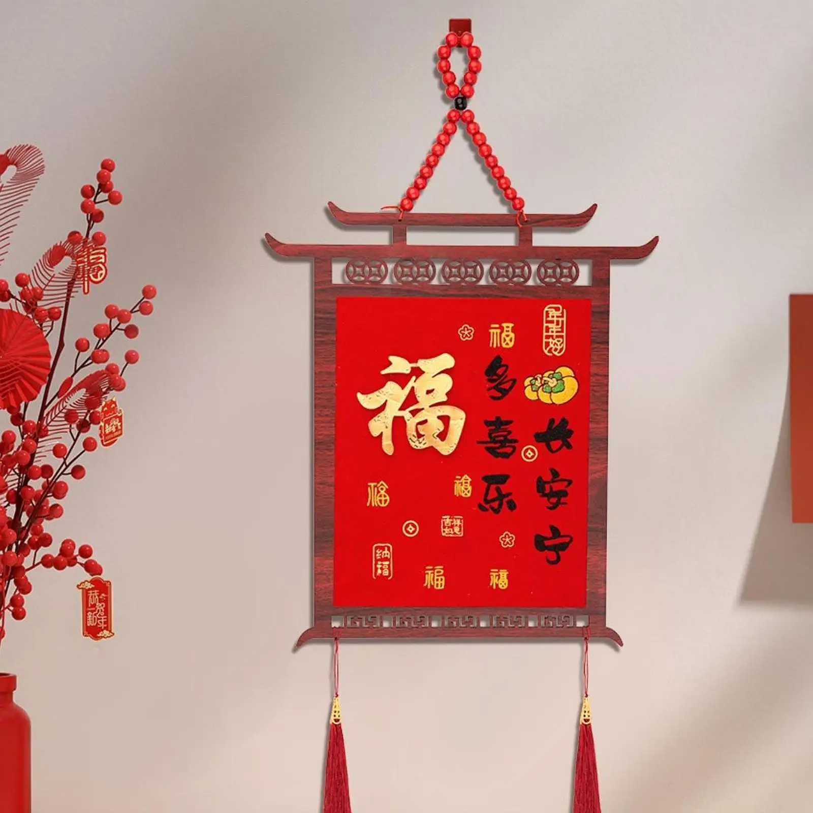 豪華な赤い吊り下げペンダント祝福文字入りドア飾りベルベットタッセル、中国の旧正月、新築祝い、壁飾りに
