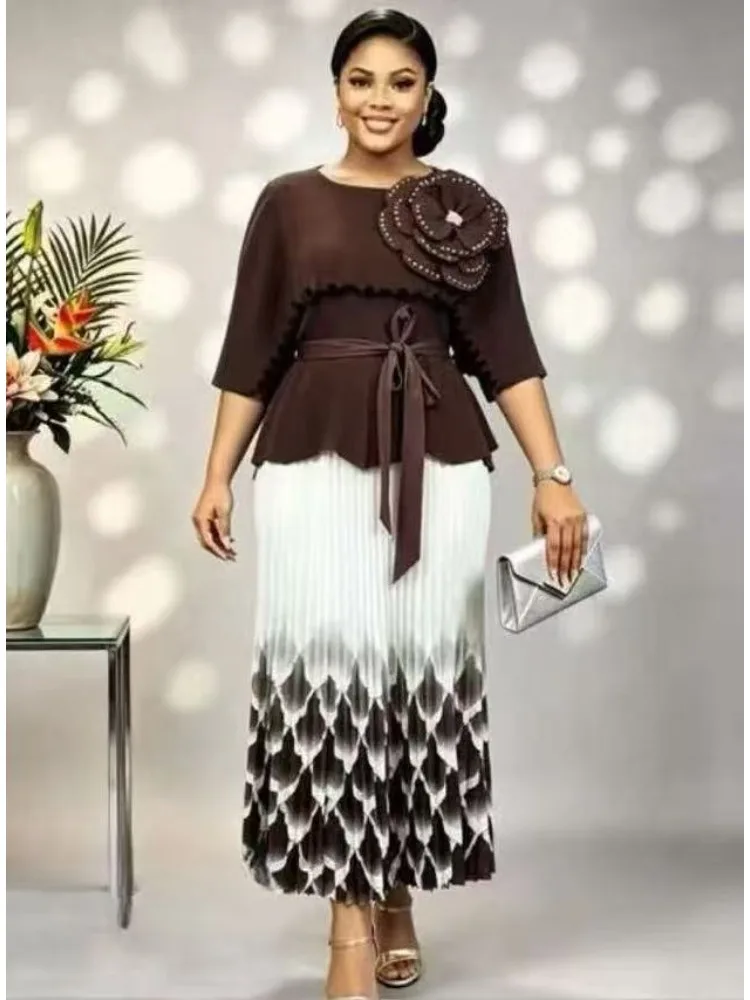 Miyake New 2026 Printed Bat Sleeve Gradual Change Heavy Industry Two-piece Set Women's Clothing Irregular Top Skirt Set