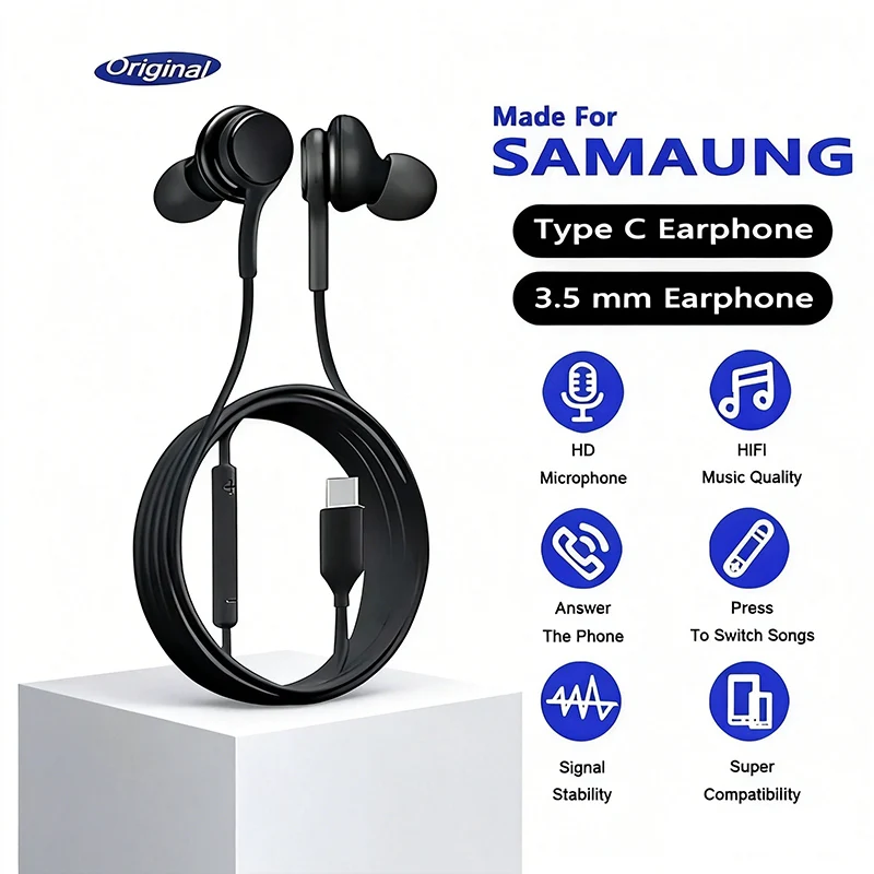 Audífonos Originales con Cable Tipo C para Samsung Galaxy S25 S24 S23 S22 Ultra Plus, Audífonos Intrauditivos de 3.5mm, Accesorios para A55 A54 A53 A52