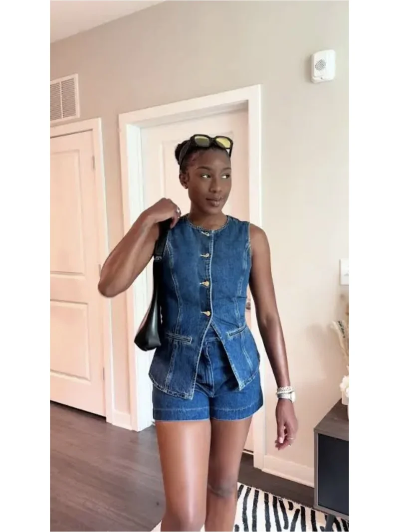 ETJ 2025 nueva moda de Europa y Estados Unidos para mujer, chaleco vaquero sin mangas con cuello redondo y pantalones cortos vaqueros de cintura media