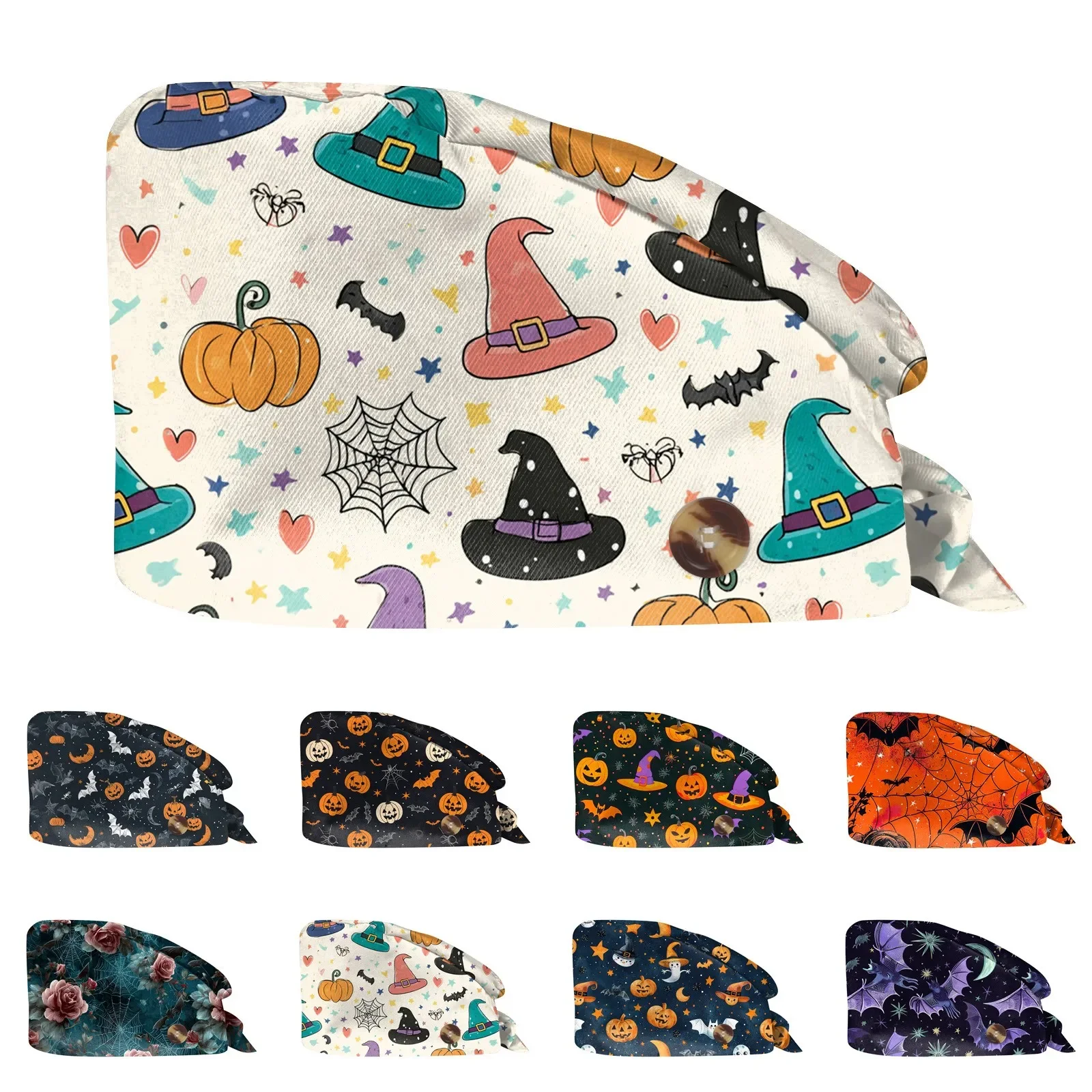

Halloween Print Work Cap Fashionable Casual Women's Printed Elastic Scrub Hat Unisex Work Caps Nurse Accessories Nurse Cap