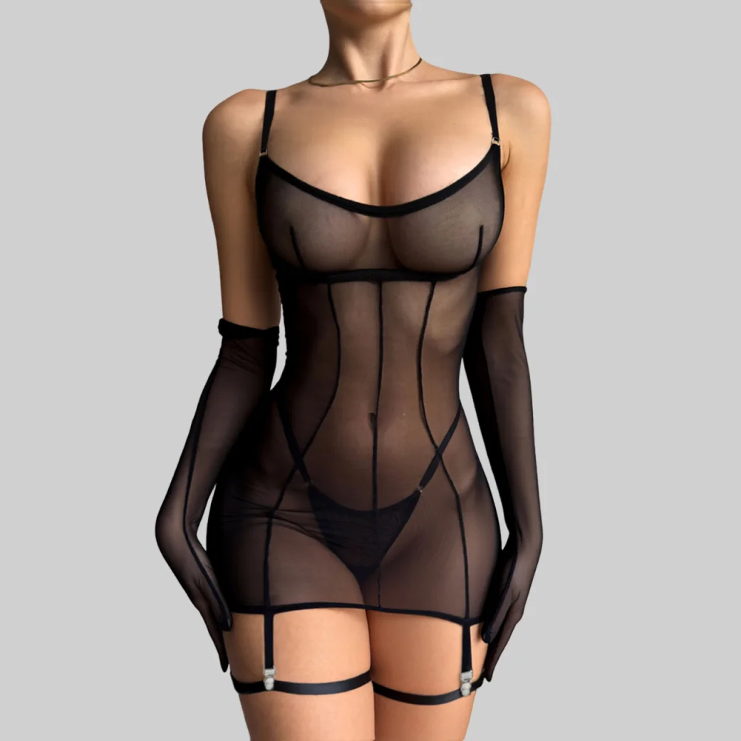 

Ellolace Solid Women's Dress Seductive See Through Dress Panty 2PC with Gloves Leg Circles Sexy Wild Intimate Mini Body Set