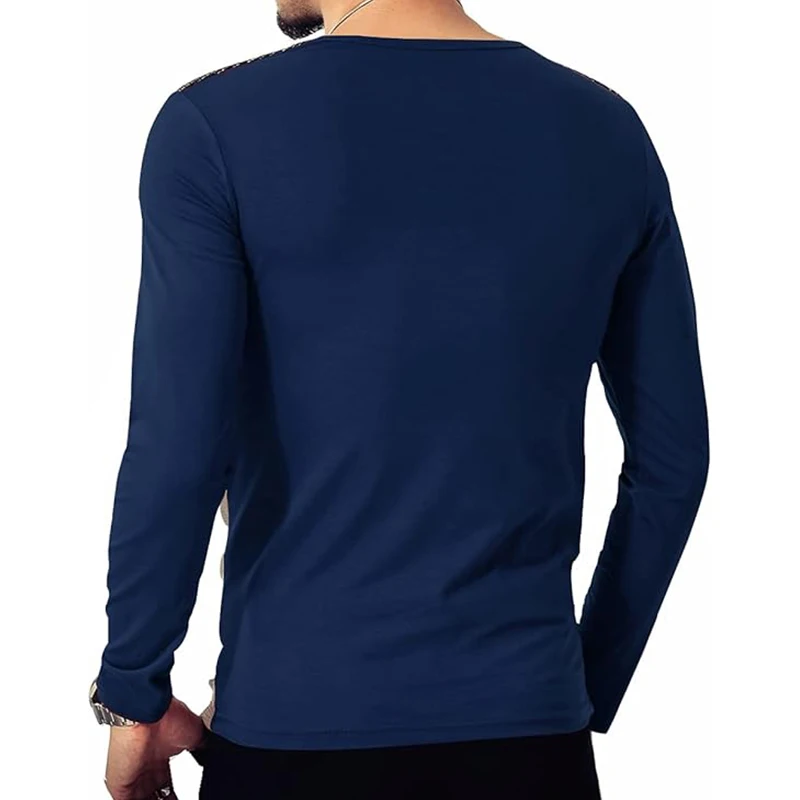 Men‘s Slim Fitted Casual Long-Sleeve Button T-Shirts Contrast Color Stitching Top Tees