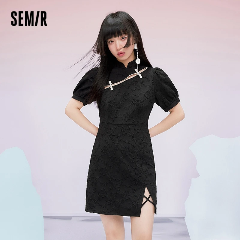 

SEMIR Dress Women Texture Full Print Small Stand-Up Collar 2022 Summer New Hollow Split Short Dresses National Tide