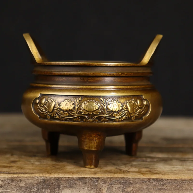 Copper Brass Bridge Ear Soaring Square Ear Lotus Three-Legged Tripod Incense Burner Xuande Furnace Tea Art Offering Desktop Orna
