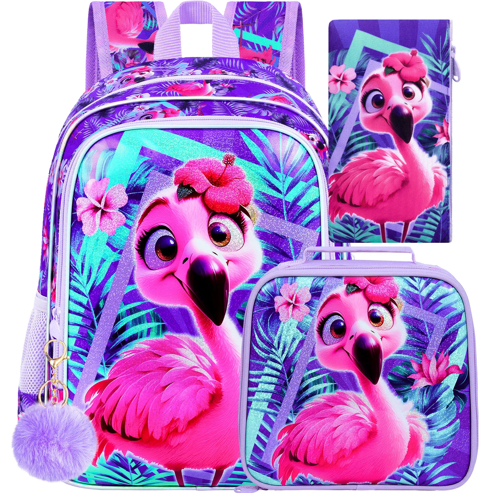 3Pcs 16 Inch Girls Backpack Set, Cute Purple Flamingo School Bag with Lunch Bag & Pencil Pouch, Lightweight Elementary Bookbag
