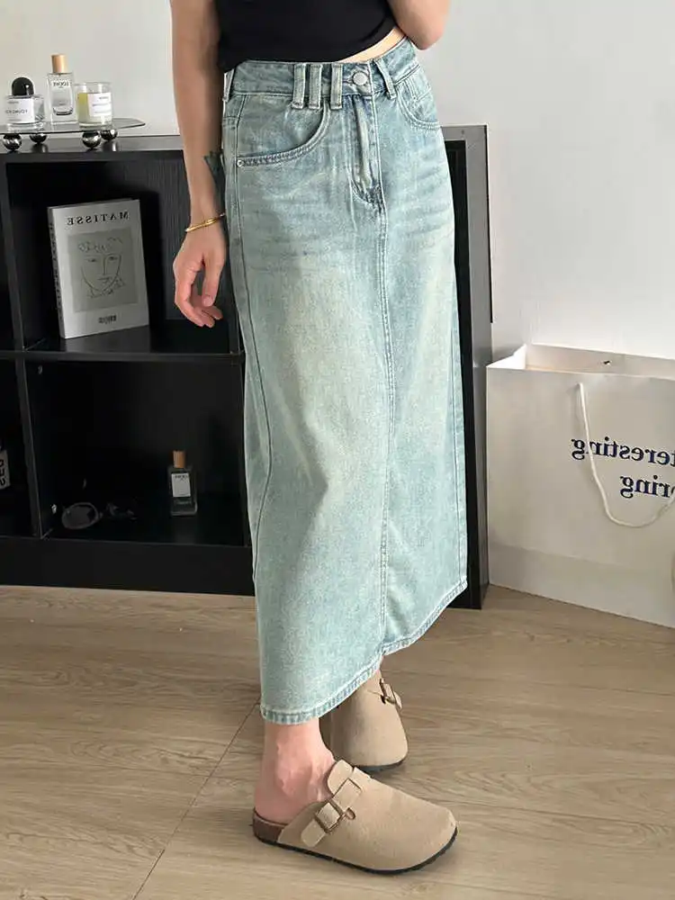 特大バックスリットデニムスカート女性の夏の新ハイウエストストレート通勤ロングスカートシンプルなカジュアルコンフォートスカート