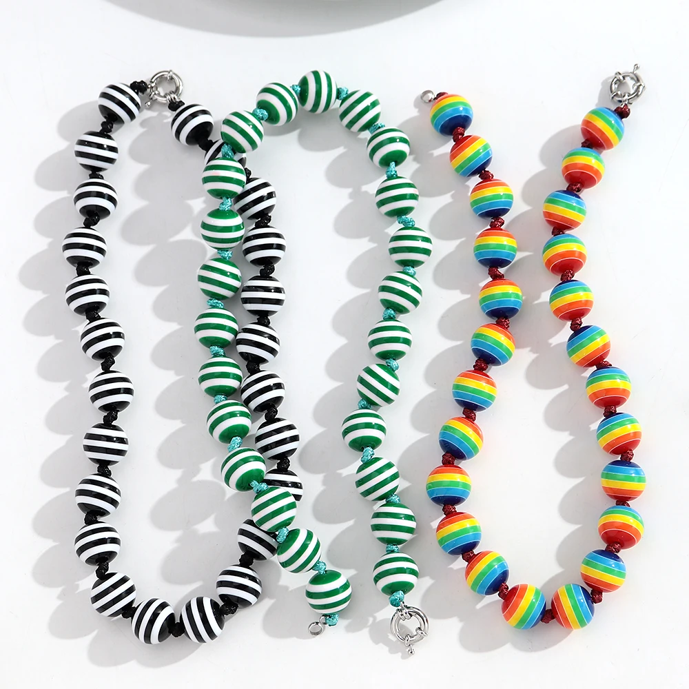 Modische, bunte, gestreifte, runde Perlen, handgefertigte Halskette mit Knoten, geometrische Acryl-Kugelperlen, Choker-Halsketten, neue Schmuckgeschenke – Detail 3