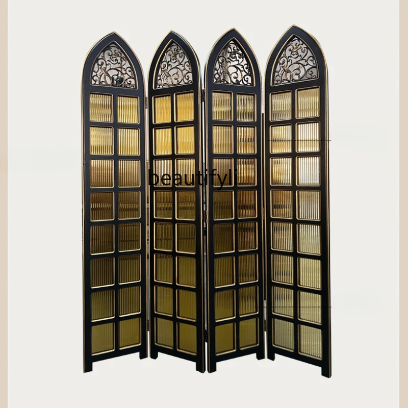 Antique Screen Hallway Partition Accordion Partition American Retro Hollow Glass Neoclassical