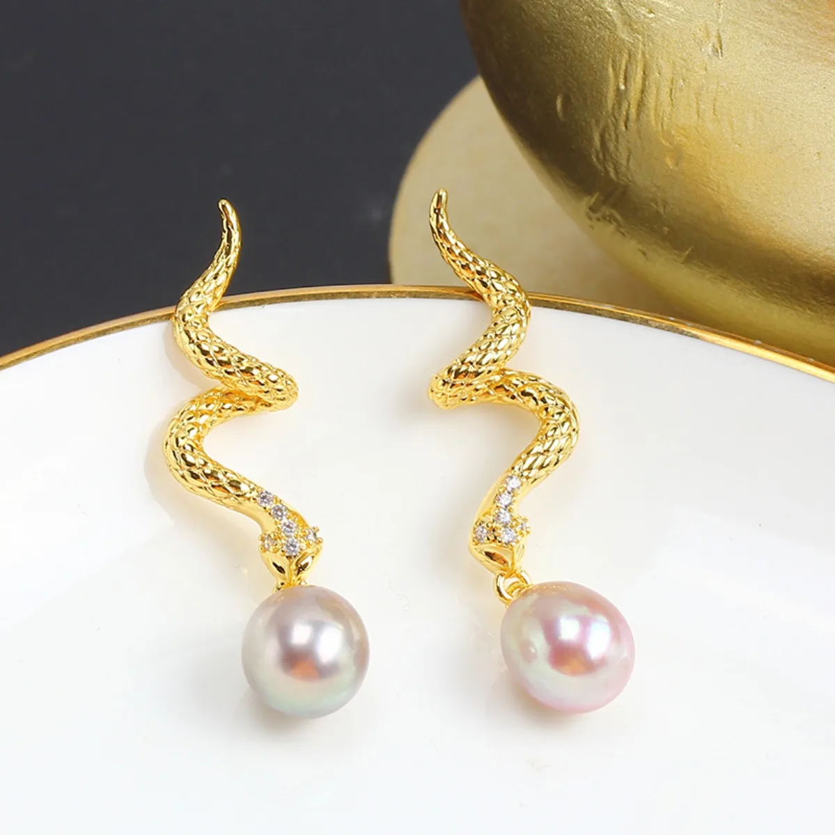 14K Gold Filled Brass Vintage Snake S925 Silver Needle Base For Women DIY Pearl Dinner‑Party Earring Jewelry Making