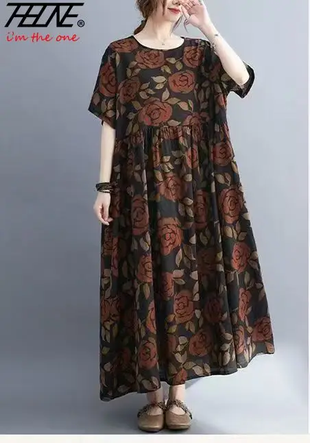 THHONE Robe Plus Size 100KG Summer Dress Women Floral Loose Vestidos Para Mujer Casual Maxi Print Cotton Linen Oversized BOHO