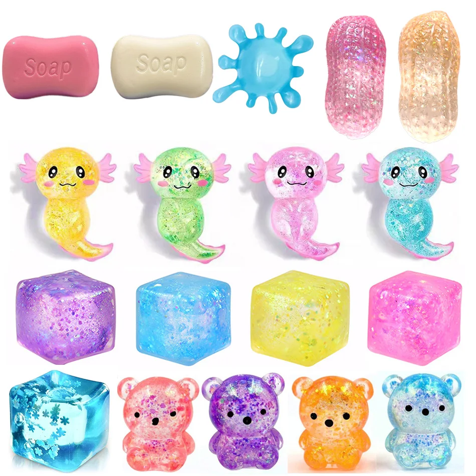 Axolotl Squishy Multiple Colors TPR Slow Rebound Stress Relief Toy, Crystal Soft Glitter Macaron Multi-color Maltose Squishy