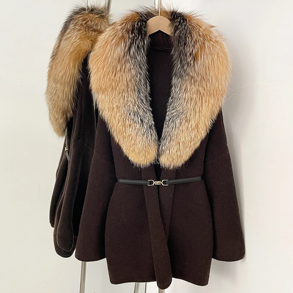 Real Fox Fur Jacket Women's Sweater Oversize Sweater Women's Knitted Jacket with Natural Fur Female Knit Coat Clothing Outerwear