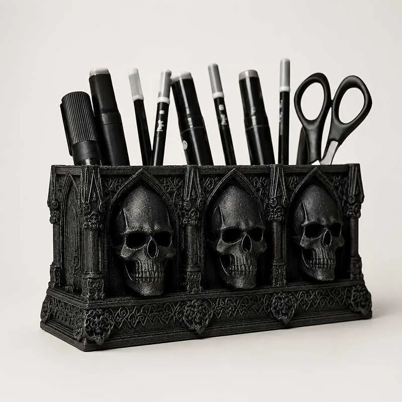 Skull Pen Holder, Multifunctional Gothic Desktop Makeup Brush Storage Pot