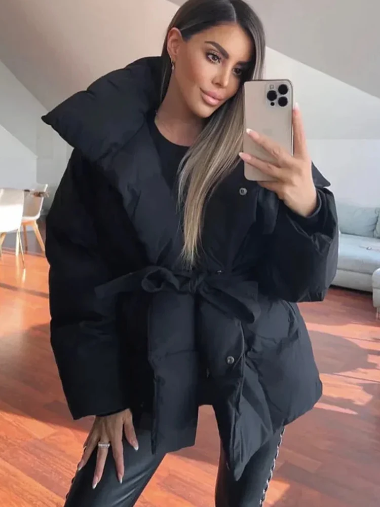 Women Solid Fashion Lapel Tie-up Cotton Coat Long Sleeved Waist Cinched Warm Loose Jacket Lady Casual Commute Winter Outwear 21 S4bd44185fe3d44e6a27a417171d3b84cA