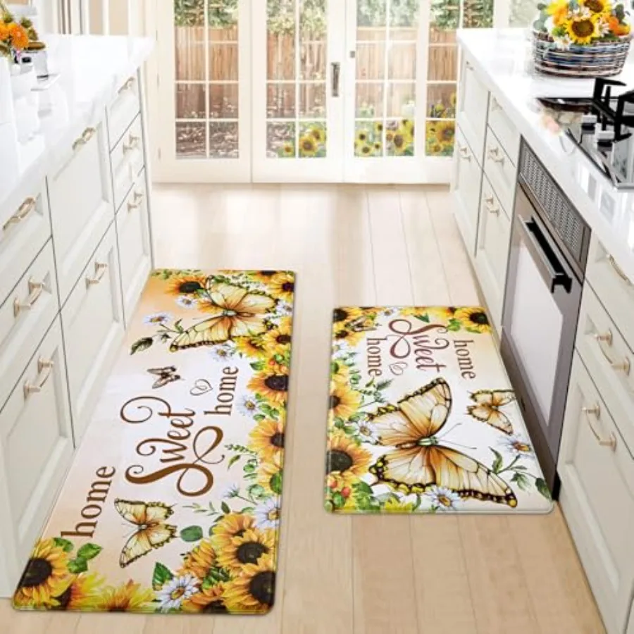 

Sunflower Kitchen Rugs Floral Kitchen Mats for Floor Butterfly Farmhouse Anti Fatigue Mats for Kitchen Floor Non Slip Washable