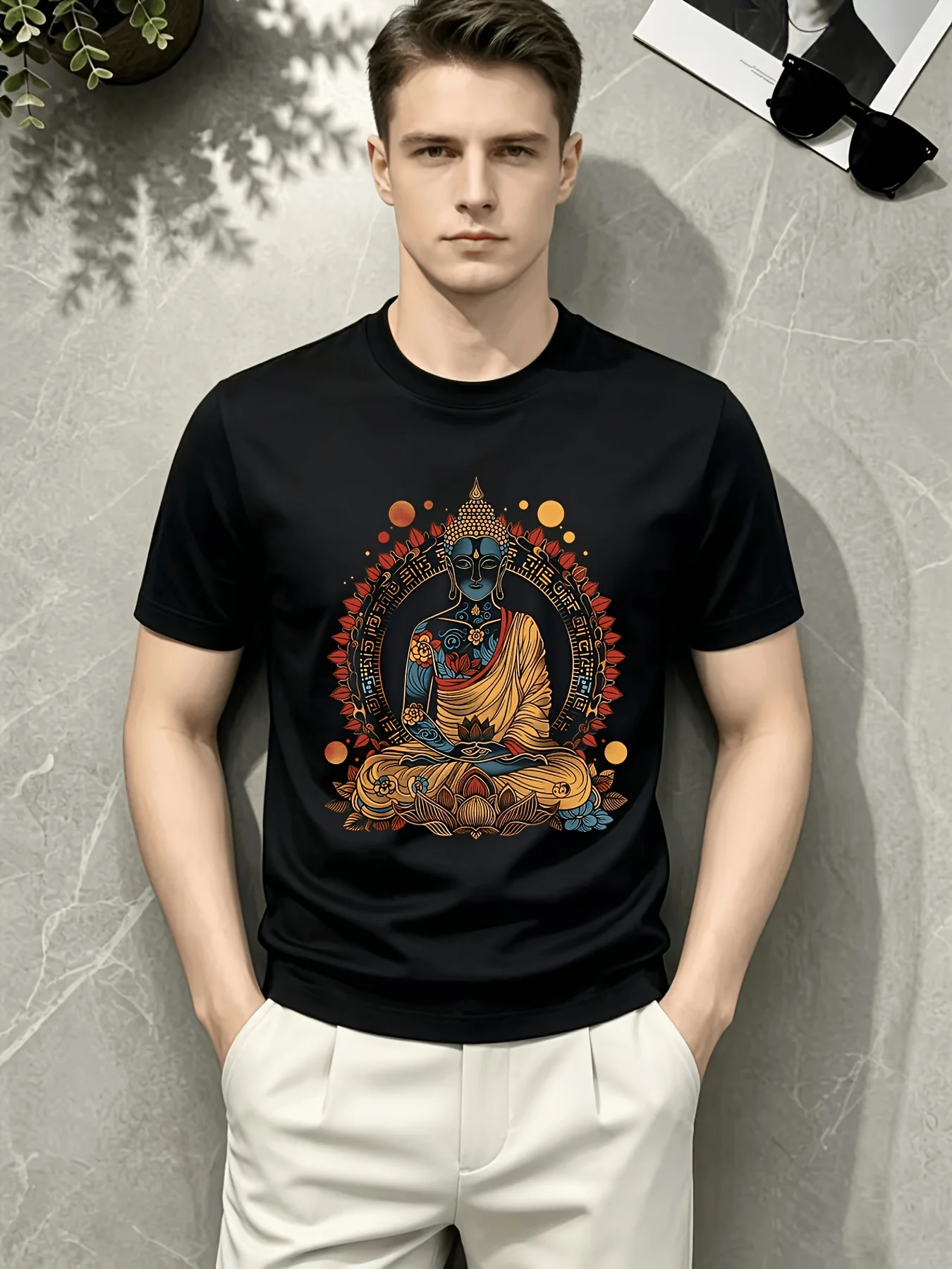 Buddha Vintage Flowers Zen Buddhist Buddhism Yoga Spiritual T-Shirt Graphic Short Sleeve Men's T-shirts for Summer Unisex