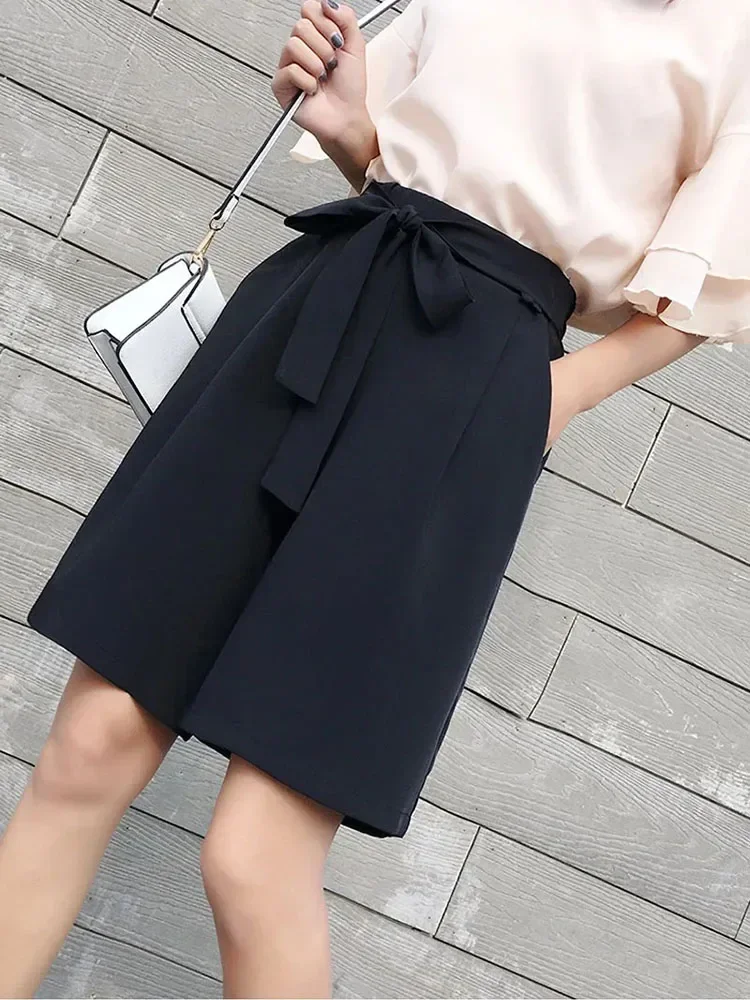 

Summer Women's Wide-leg Suit Shorts Harajuku Wind Was Thin Five Points Shorts High Waist Loose Casual Black Shorts Women WA096