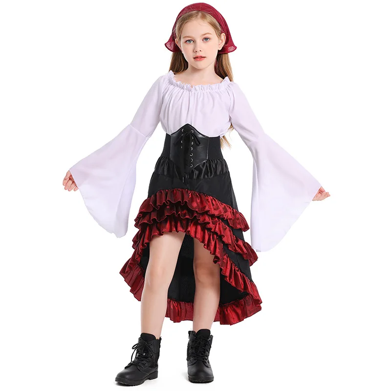 Vestido Medieval para Niñas, Disfraz de Halloween con Volantes y Corte Asimétrico para Padres e Hijos