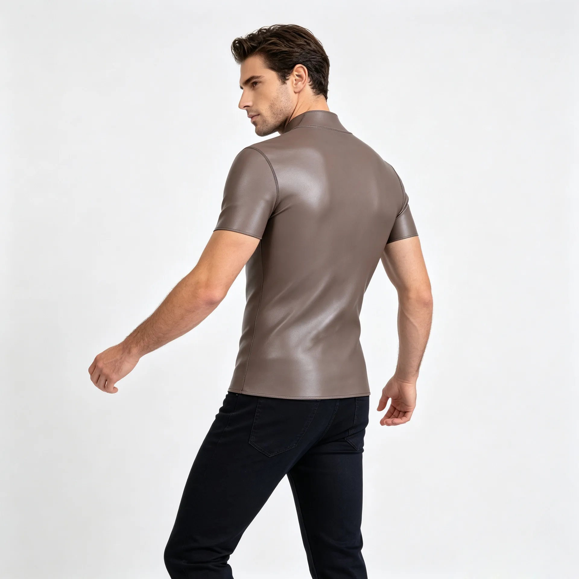 Men's Faux Leather Shaping Top Slim Fit Mock Neck Short Sleeve