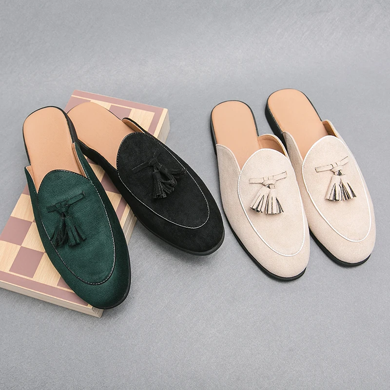 2026 Luxury Casual Shoes Suede Leather Men's Half Shoes For Men Round Toe Mules Slides Fashion Designer Comfort Flats Slippers