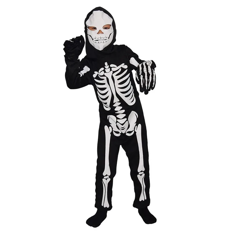 

qq34Kids Skeleton Costumes Ghost Skull Cosplay Jumpsuit Scary Bone Zombie Clothes Mask Children Halloween Party Costum