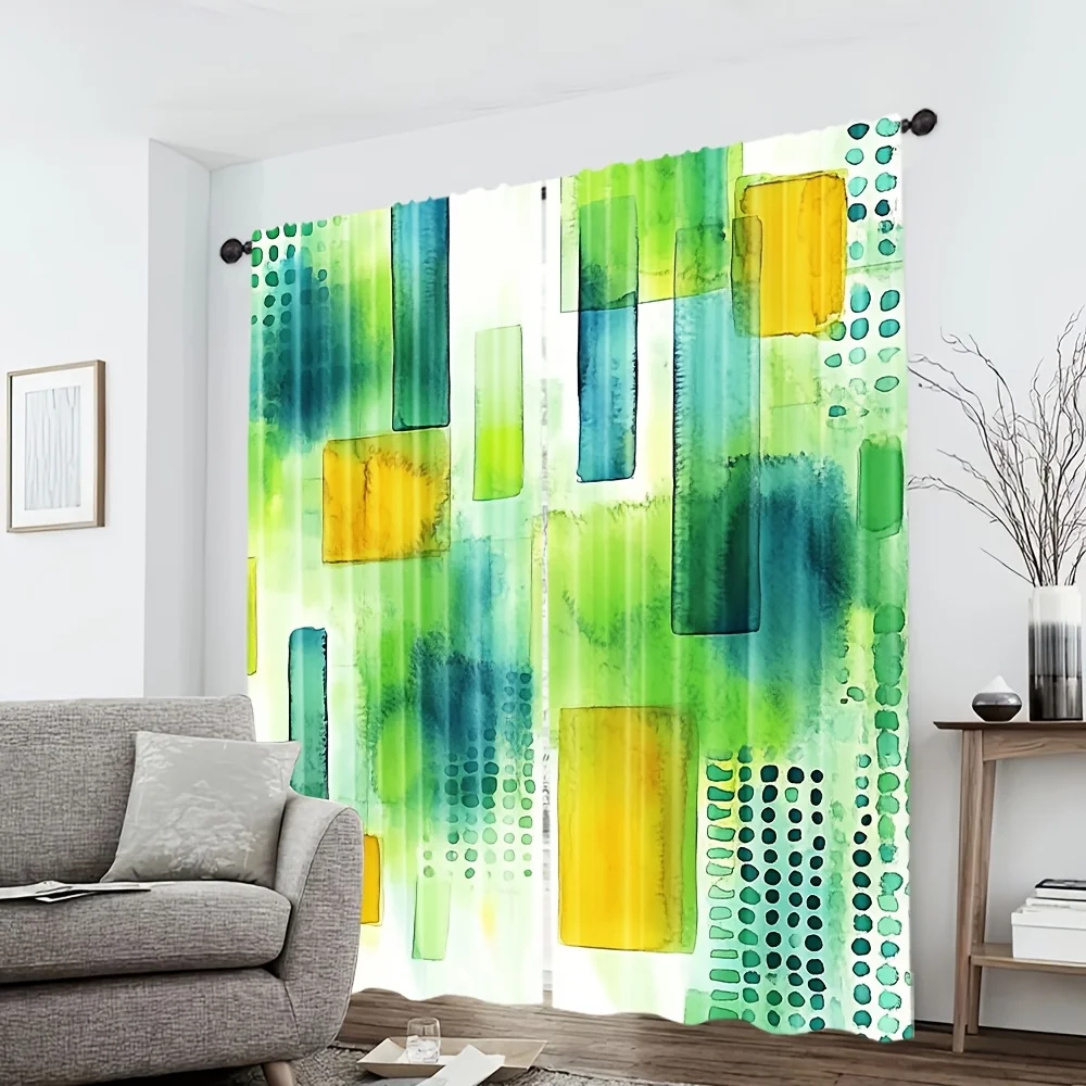 2pcs Modern Geometric Watercolor Curtains - Green to Yellow Gradient Abstract Design, Polyester Light Filtering Drapes for Bedro