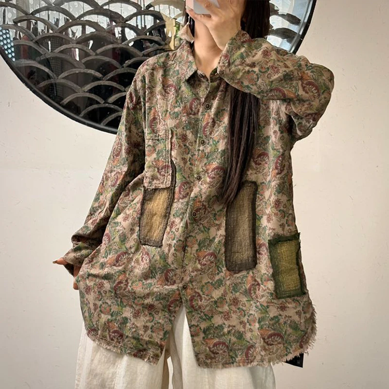 Masss Wasss Autumn Fashion Floral Tops Womens Vintage Classic Printed Patchwork Shirts Ladies Casual Streetwear Cotton Blouses