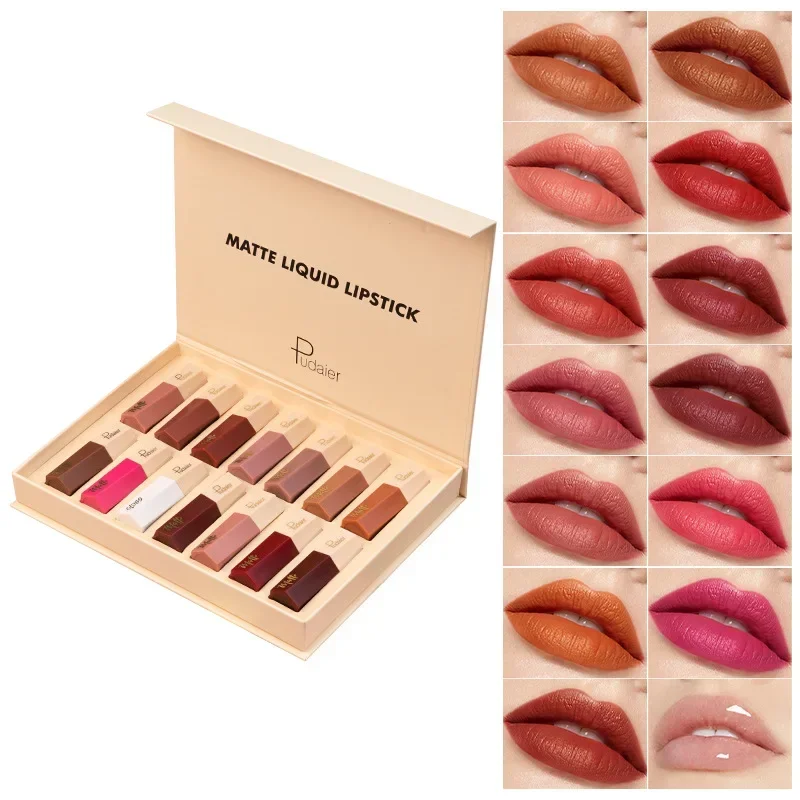 Pudaier 14 Color Pigment Nude Matte Liquid Lipstick Set Waterproof Velvet Lip Gloss Long Lasting Non-stick Cup Lip Tint Cosmetic